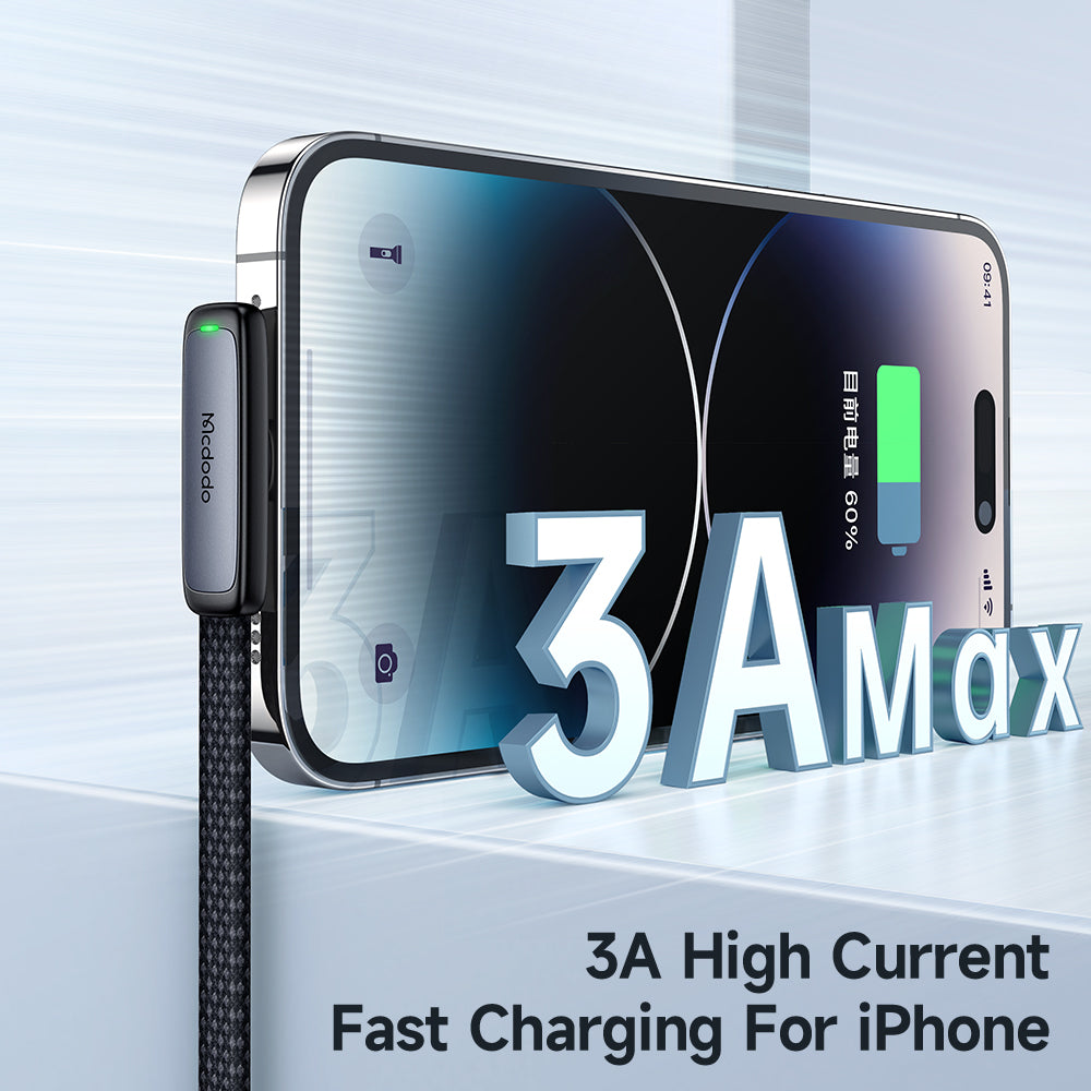 MCDODO CA-2790 MDD 1.2m Nylon Braided Data Cord Elbow Angled USB to Lightning 3A Fast Charging Cable - Black MCDODO CA-2790 MDD 1.2m Nylon Braided Data Cord Elbow Angled USB to Lightning 3A Fast Charging Cable - Black